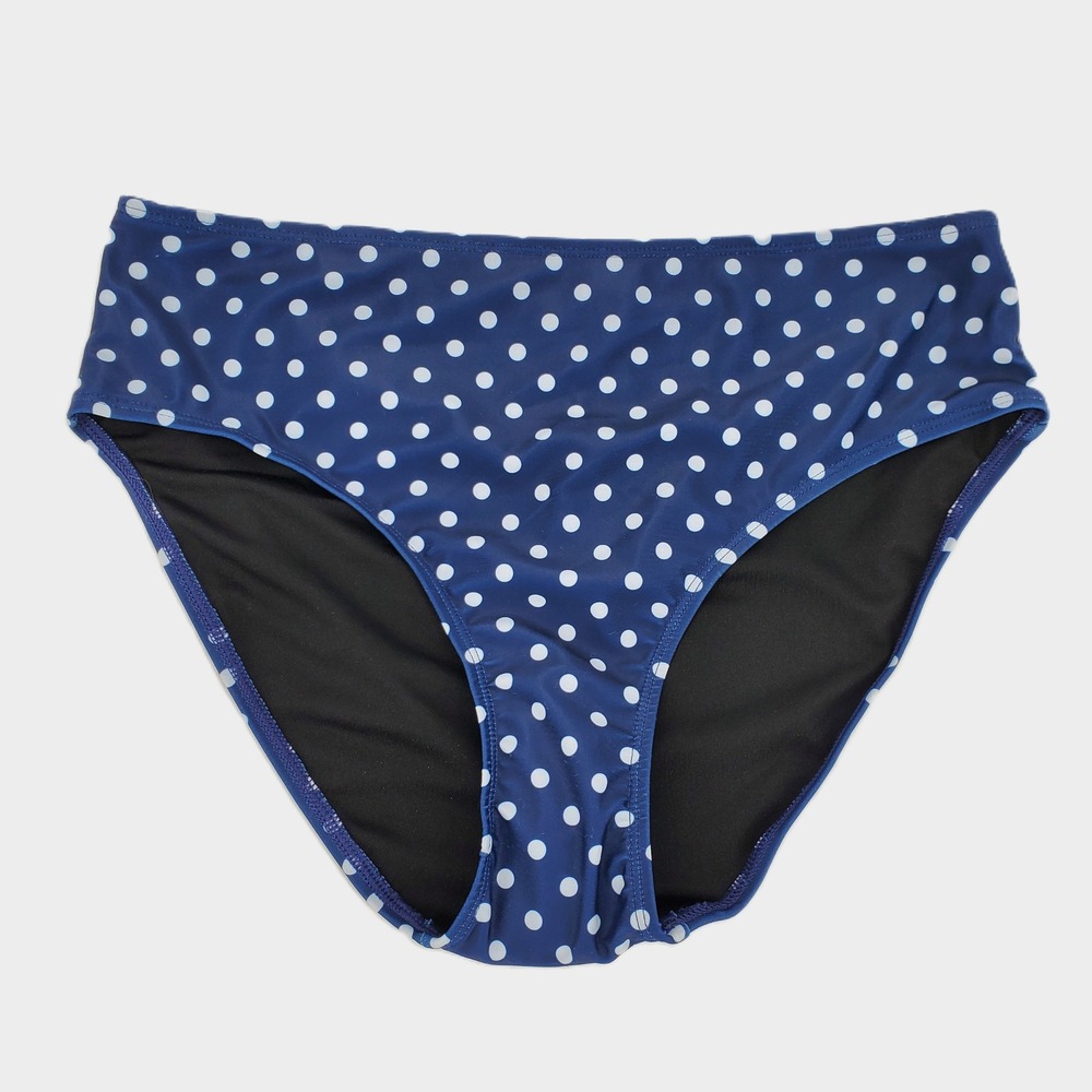 Halcurt Medium Polka Dot High Waisted Bikini Swim Bottoms Navy‎ Blue Lined New